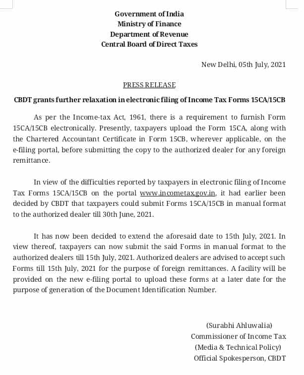 CBDT extends date of filing Forms 15CA/15CB to 15 Jul