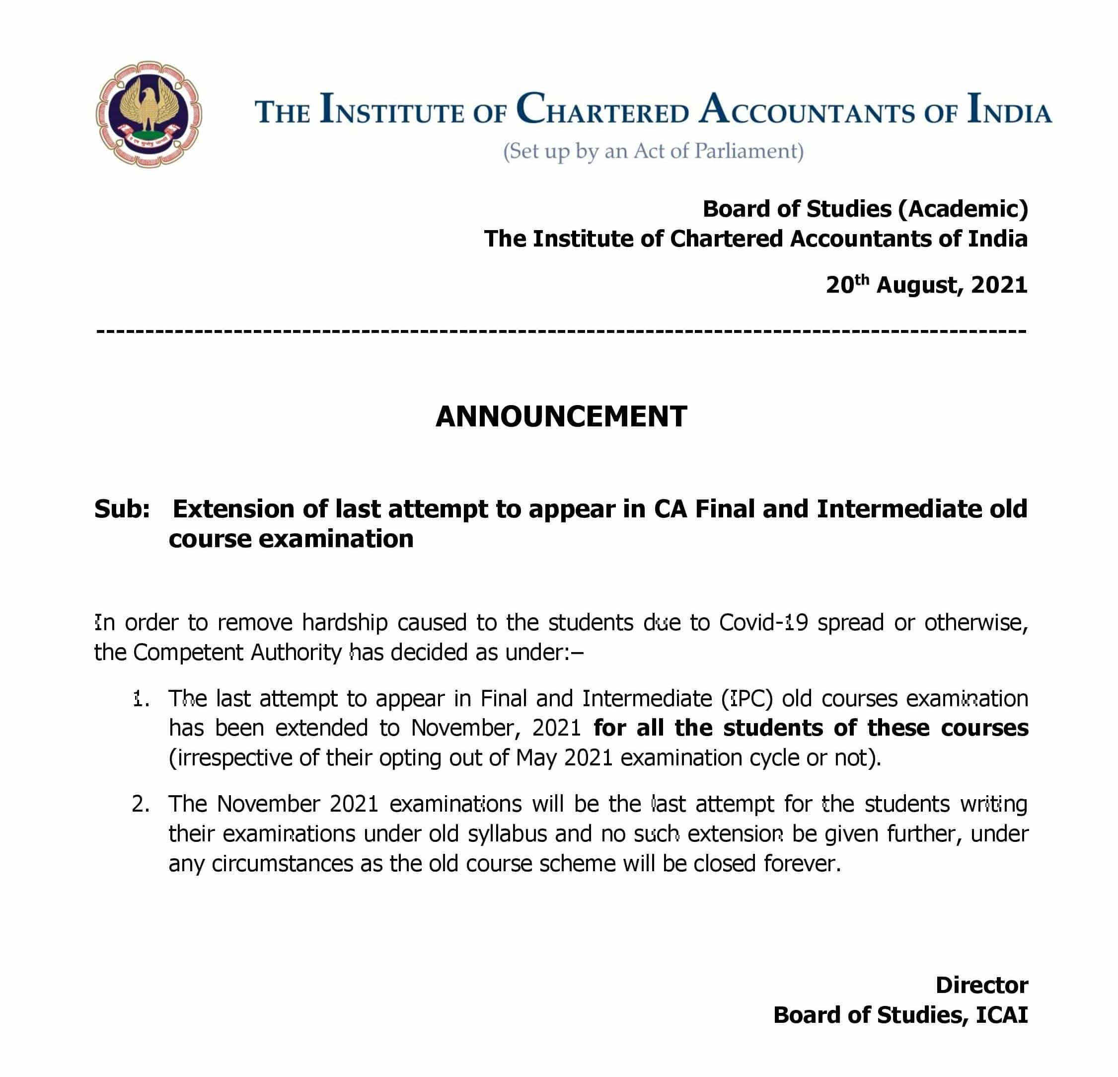 ICAI Extends last attempt to appear in CA Final & Intermediate Old Course Examination