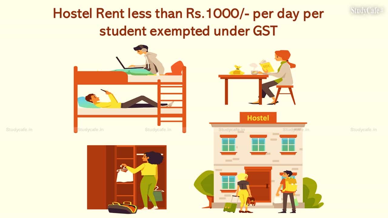 Hostel Rent less than Rs.1000/- per day per student exempted under GST