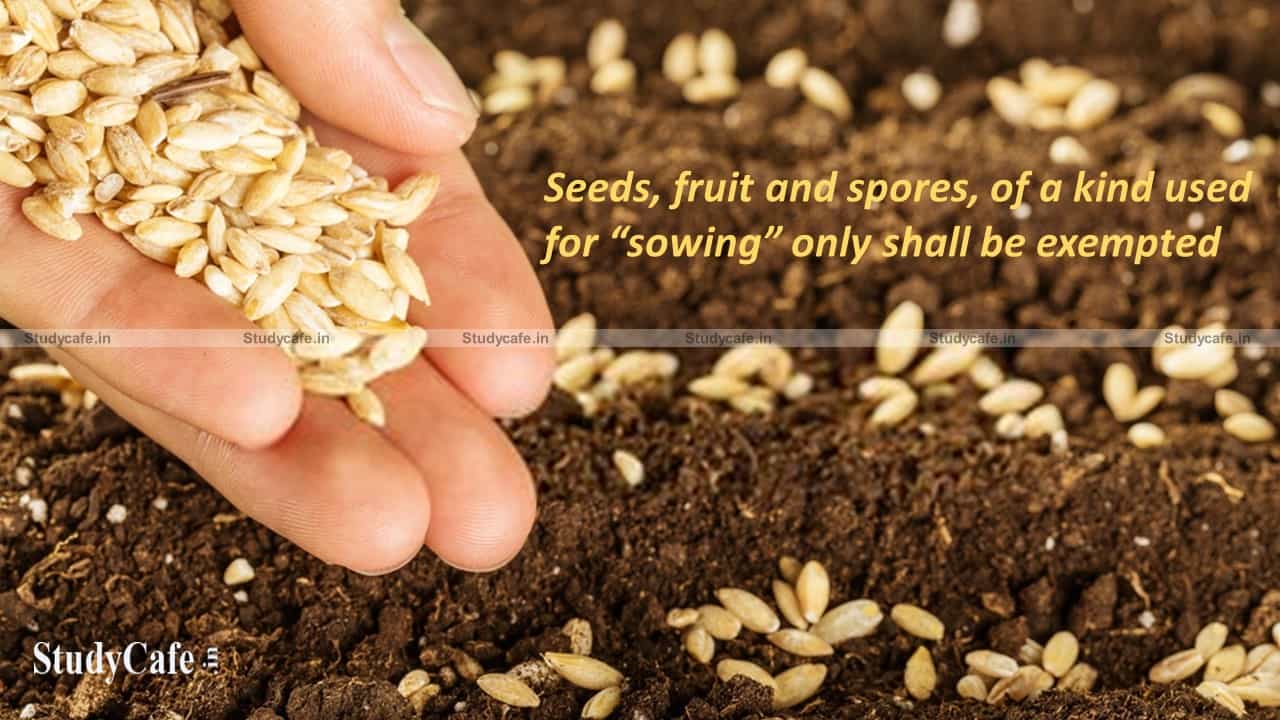 CBIC clarifies that Seeds, fruit and spores, of a kind used for “sowing” only shall be exempted