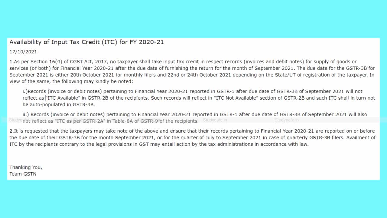 GSTN Advisory for FY 2020-21 Input Tax Credit