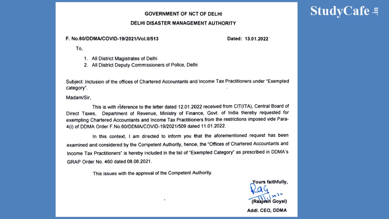 CAs and Income Tax Practitioners included in Exempted category by Delhi Disaster Management Authority