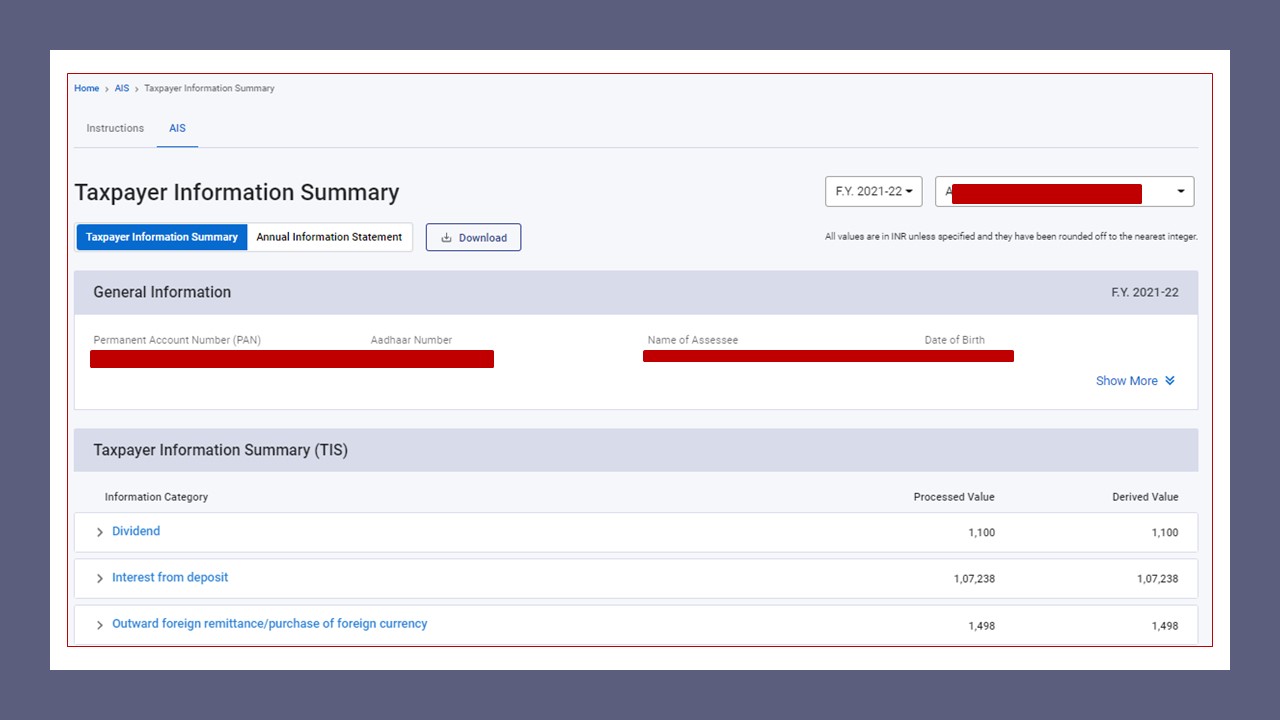 Income Tax Annual Information Statement (AIS) for FY 2021-22 now live