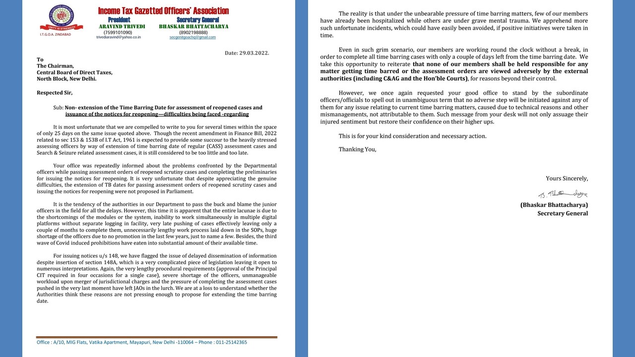 Income Tax Gazetted Officers Association writes to CBDT demanding extension of Time Barring Date for assessment
