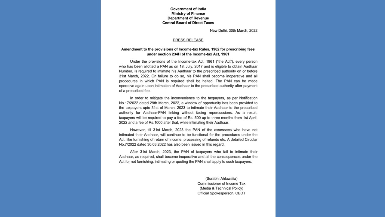 PAN won't be inoperative if not liked with Aadhaar before 31st March 2023: CBDT Clarifies