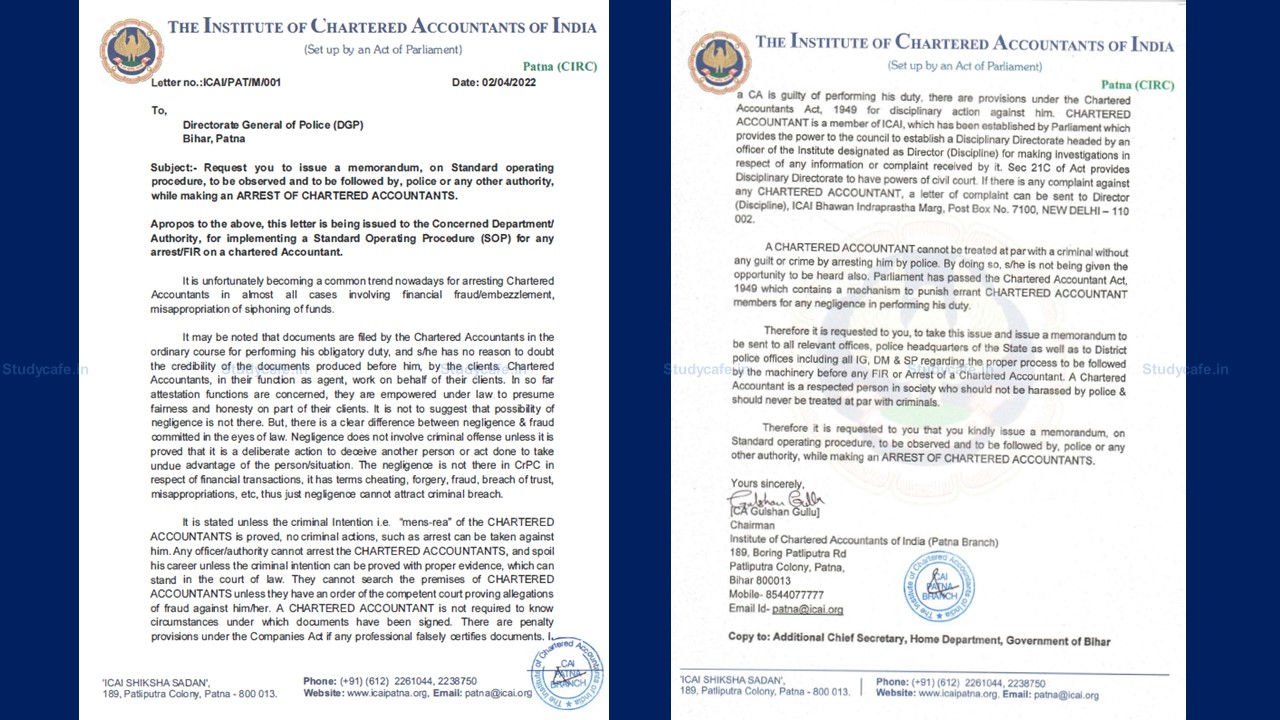 ICAI representation to issue a Standard operating procedure on Arrest of Chartered Accountant