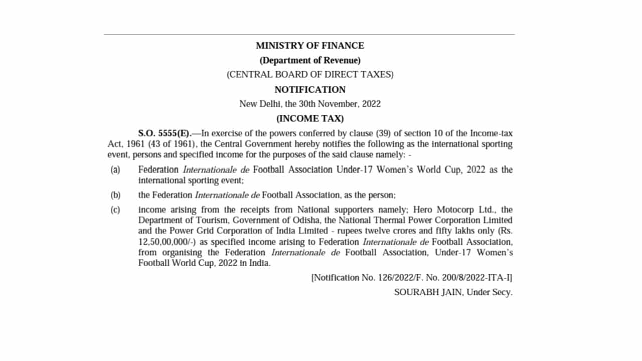 CBDT notifies Income Tax Exemption to FIFA