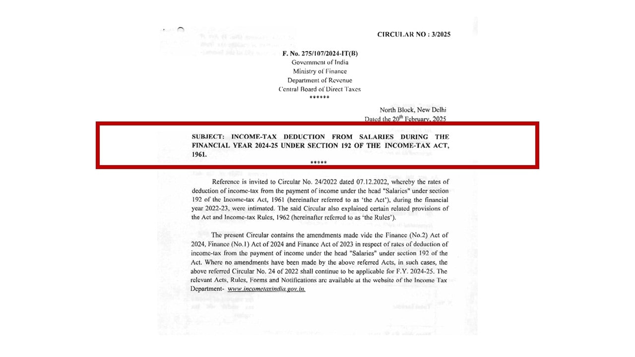 CBDT issues important circular on Income Tax Deductions From Salaries During FY 2024-25 [Read Circular]