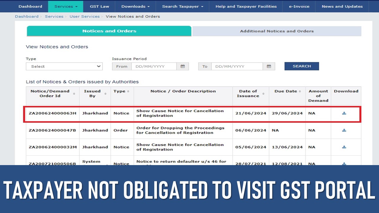 Taxpayer Not Obligated to Visit GST Portal to Receive Show Cause Notices