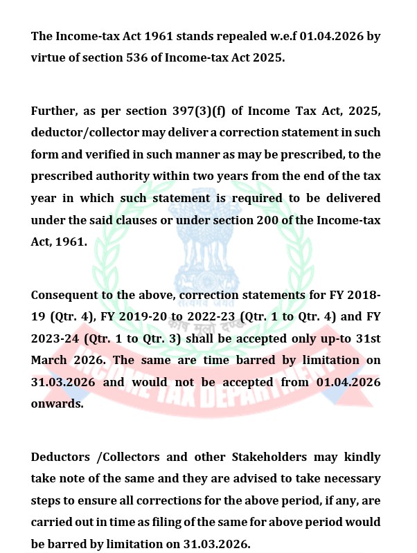 Deadline Alert! IT Dept. Announces Final Deadline To File TDS/TCS Correction Statement for Earlier FYs